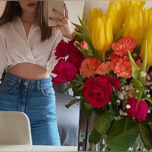 Zara Super Cropped White/beige Shirt Blouse Size XS (ties Around The Waist)